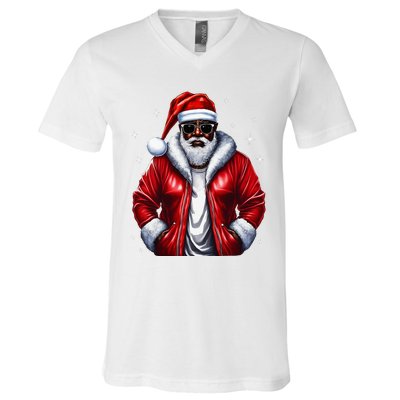 African American Santa Christmas Pajama Cool Black XMas  V-Neck T-Shirt