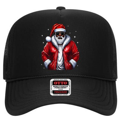 African American Santa Christmas Pajama Cool Black High Crown Mesh Back Trucker Hat