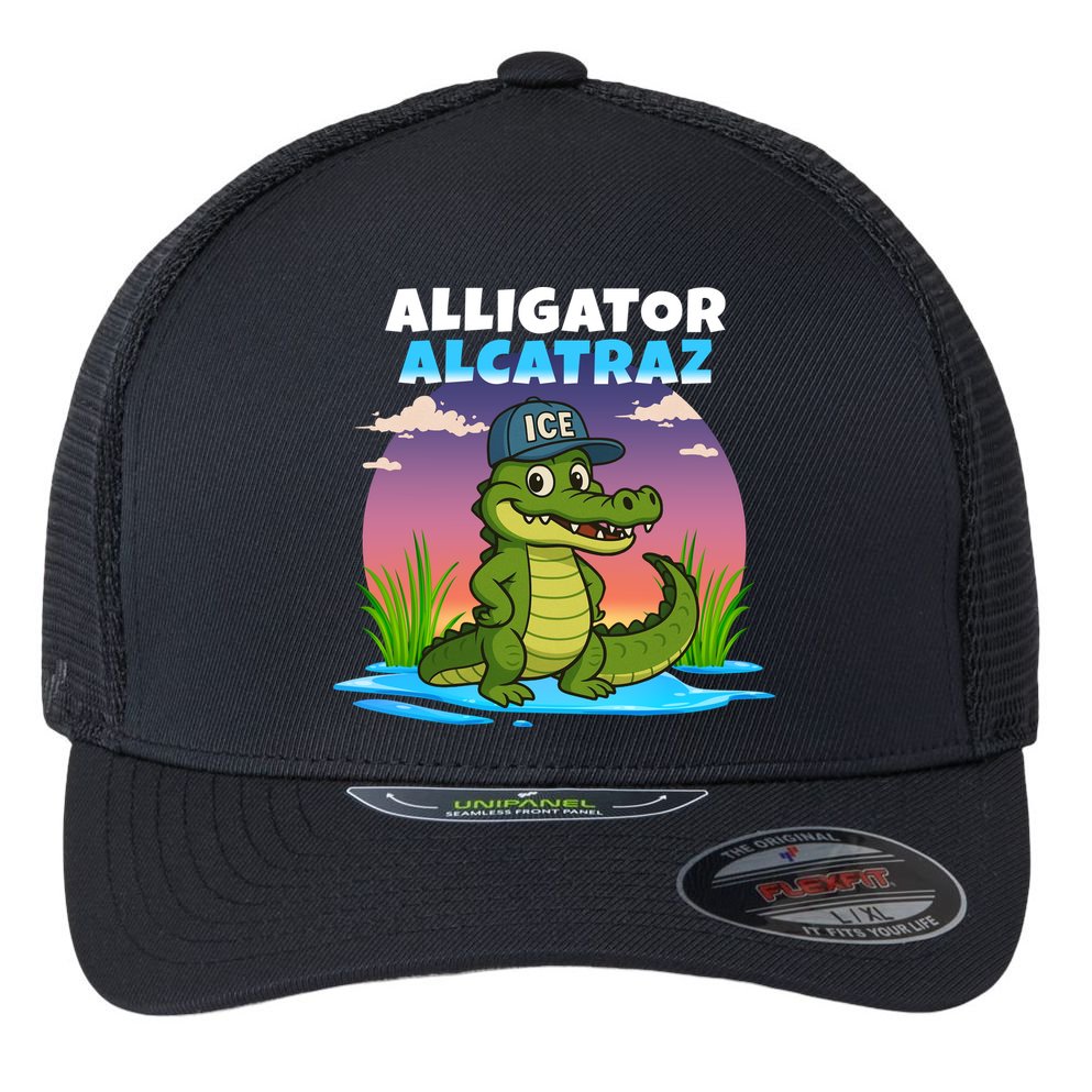 Alligator Alcatraz Sunset Flexfit Unipanel Trucker Cap