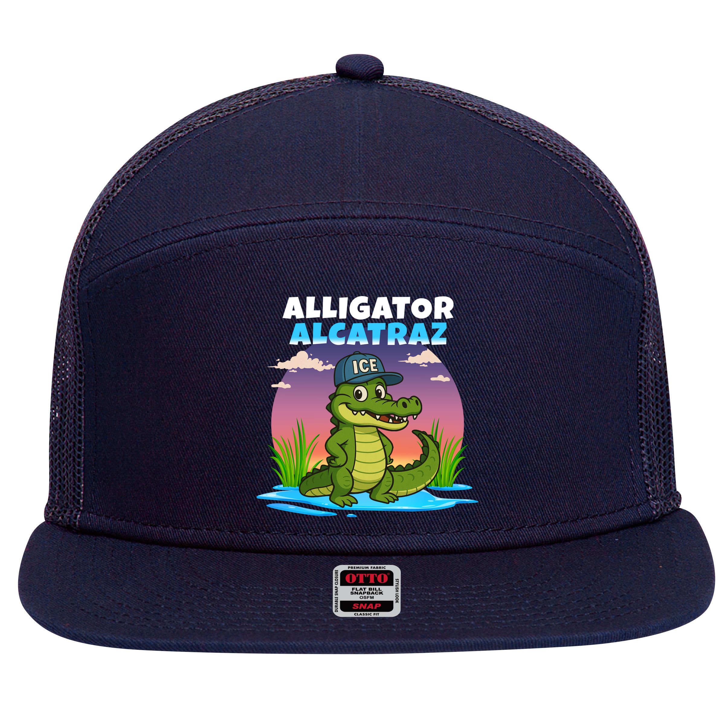 Alligator Alcatraz Sunset 7 Panel Mesh Trucker Snapback Hat