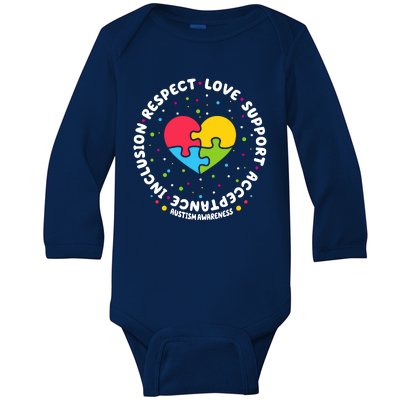 Autism Awareness Support Puzzle Heart Baby Long Sleeve Bodysuit