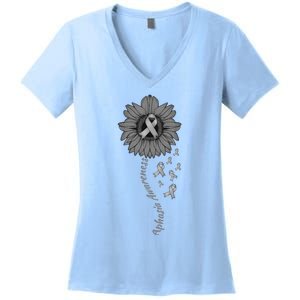 Aphasia Awareness Sunflower Gray Ribbon Support Family Women's V-Neck T-Shirt