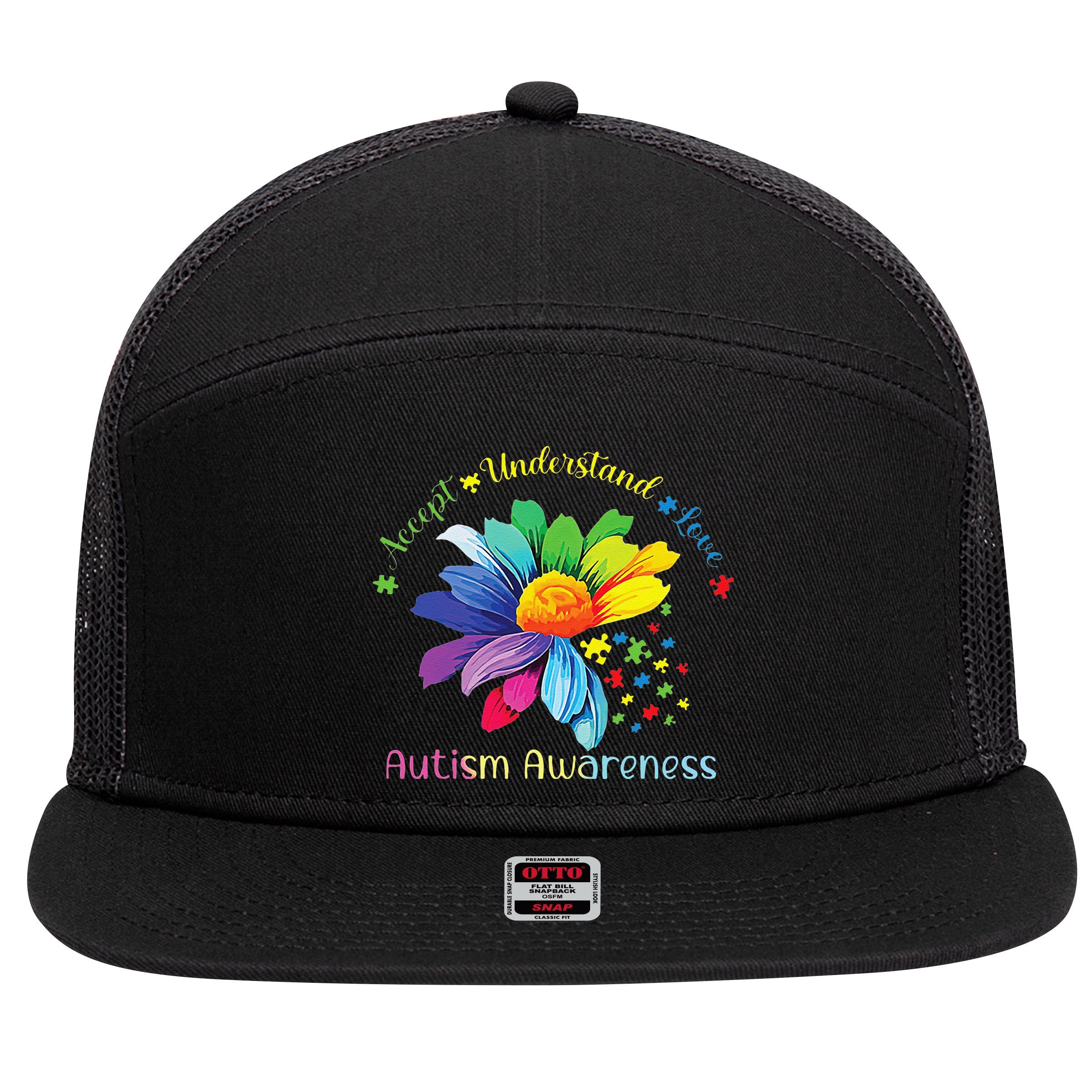Autism Awareness Sunflower Accept Understand Love Autistic 7 Panel Mesh Trucker Snapback Hat