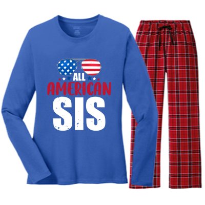 All American Sis 4th Of July Patriotic Family Matching Gift Women's Long Sleeve Flannel Pajama Set 