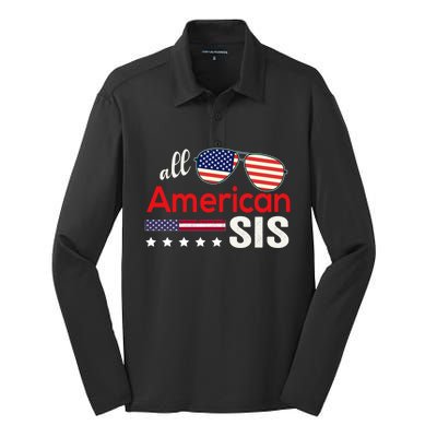 All American Sis 4th Of July American Flag Sister Gift Silk Touch Performance Long Sleeve Polo