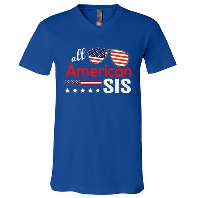 All American Sis 4th Of July American Flag Sister Gift V-Neck T-Shirt