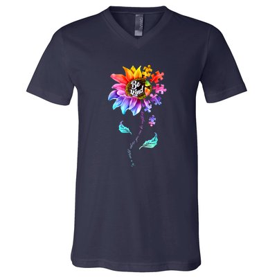 Autism Awareness Sunflower Be Kind Puzzle Mom Support K Gift V-Neck T-Shirt