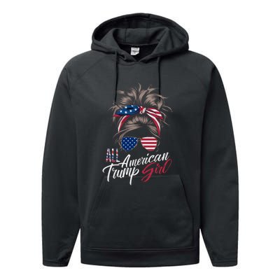 All American Trump Girl Messy Bun Trump Women Supporter 2024 Performance Fleece Hoodie