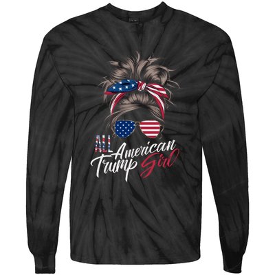 All American Trump Girl Messy Bun Trump Women Supporter 2024 Tie-Dye Long Sleeve Shirt