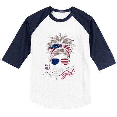 All American Trump Girl Messy Bun Trump Women Supporter 2024 Baseball Sleeve Shirt