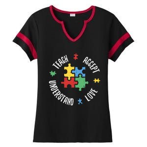 Autism Awareness Teacher Teach Accept Understand Love Ladies Halftime Notch Neck Tee