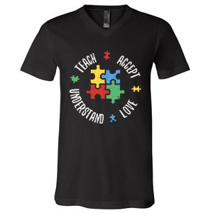 Autism Awareness Teacher Teach Accept Understand Love V-Neck T-Shirt