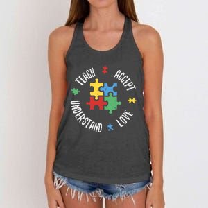 Autism Awareness Teacher Teach Accept Understand Love Women's Knotted Racerback Tank