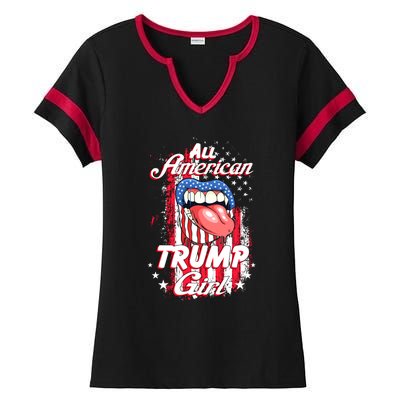 All American Trump Girl 2024 Shirts Trump Flag Women Girls Ladies Halftime Notch Neck Tee