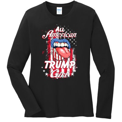 All American Trump Girl 2024 Shirts Trump Flag Women Girls Ladies Long Sleeve Shirt