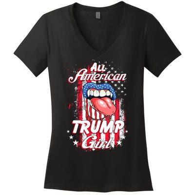 All American Trump Girl 2024 Shirts Trump Flag Women Girls Women's V-Neck T-Shirt