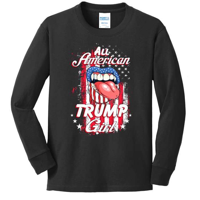 All American Trump Girl 2024 Shirts Trump Flag Women Girls Kids Long Sleeve Shirt