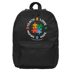 Autism Awareness Teacher Teach Hope Love Inspire 16 in Basic Backpack