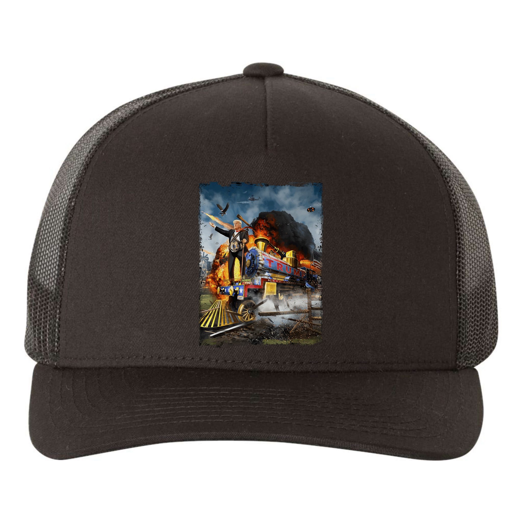 All Aboard The Trump Train Graphic Art Yupoong Adult 5-Panel Trucker Hat
