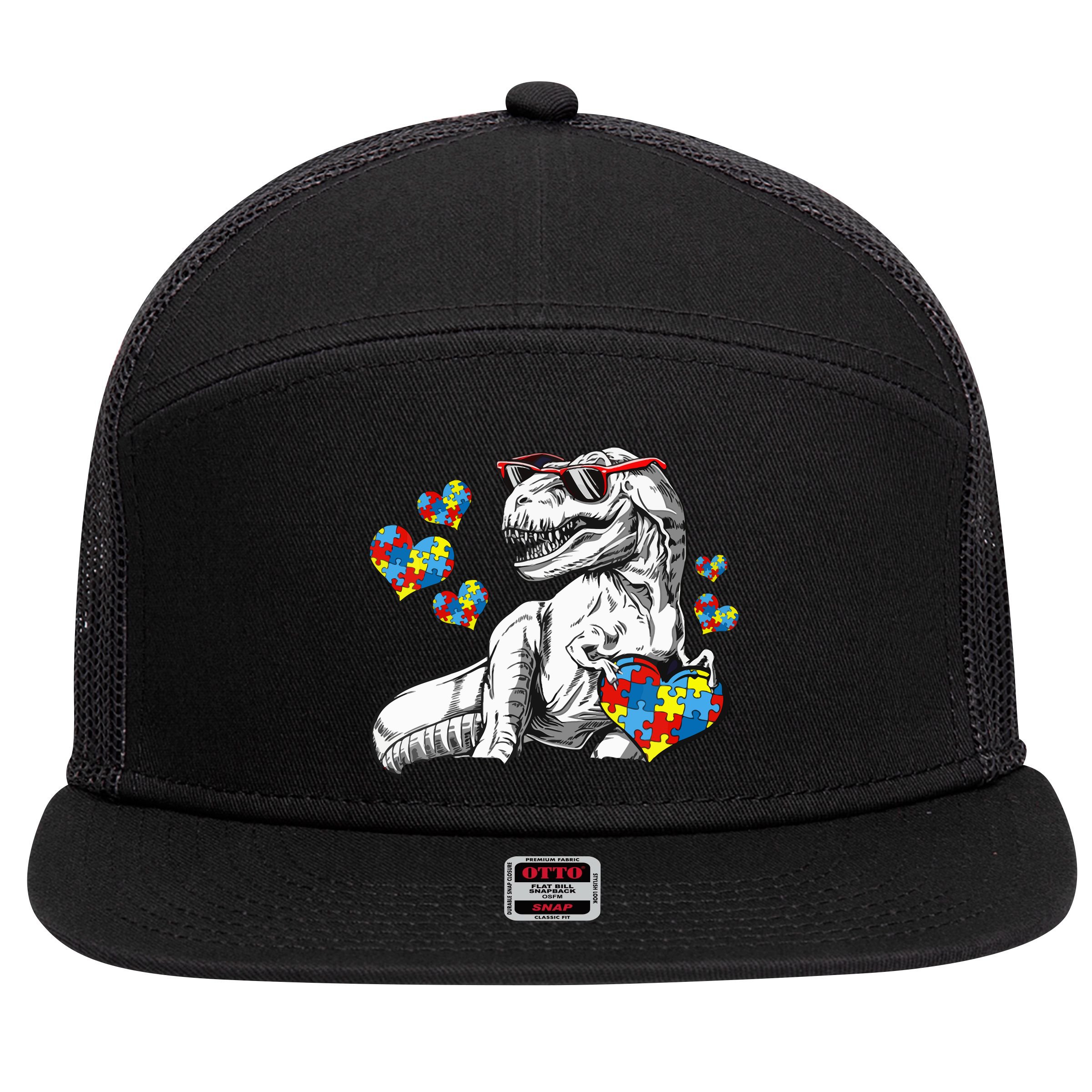 Autism Awareness TRex Dinosaur Sunglasses Heart Puzzle 7 Panel Mesh Trucker Snapback Hat