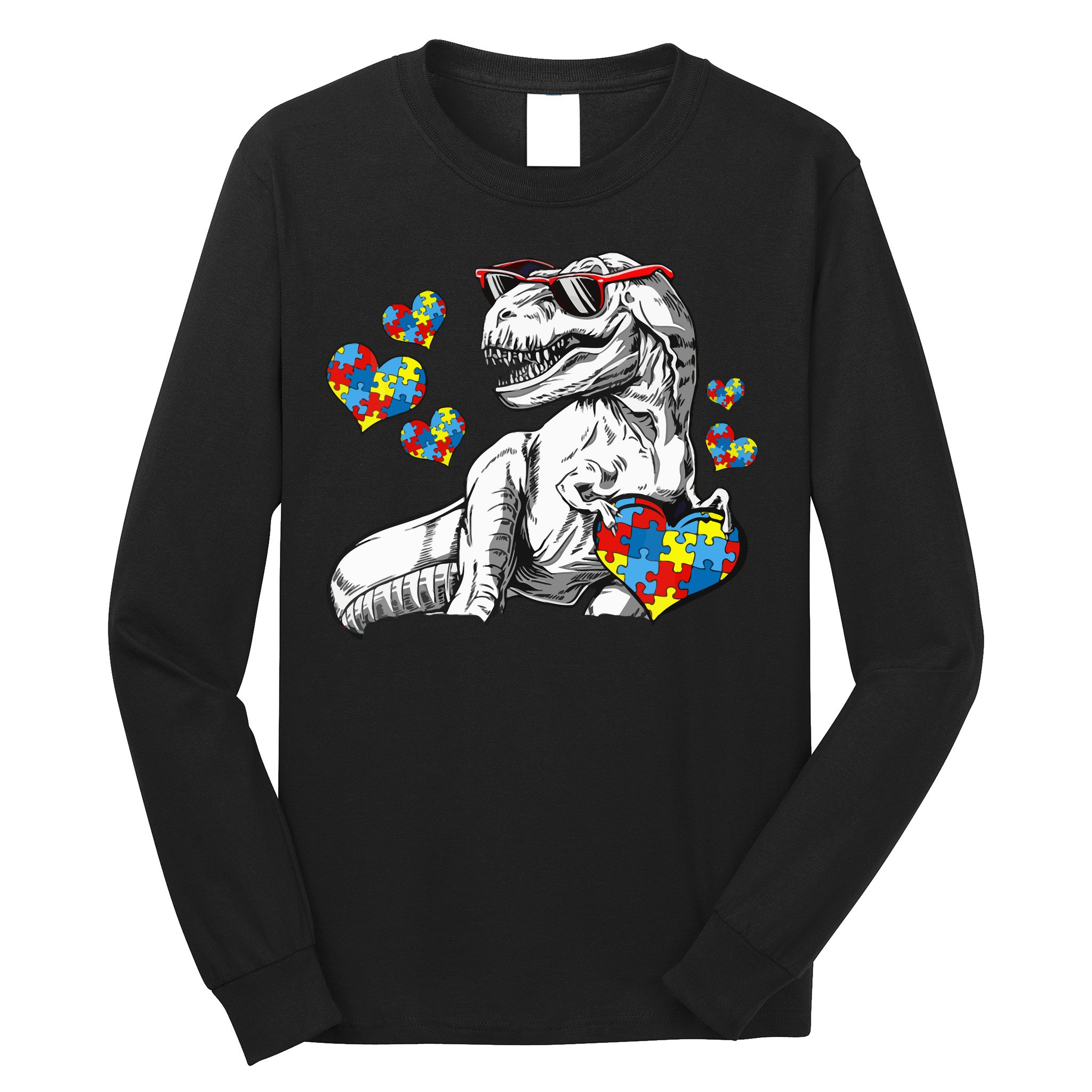 Autism Awareness TRex Dinosaur Sunglasses Heart Puzzle Long Sleeve Shirt