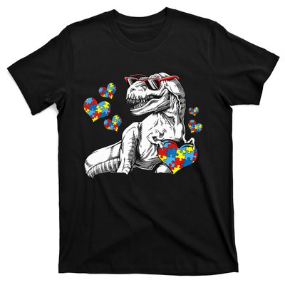 Autism Awareness TRex Dinosaur Sunglasses Heart Puzzle T-Shirt