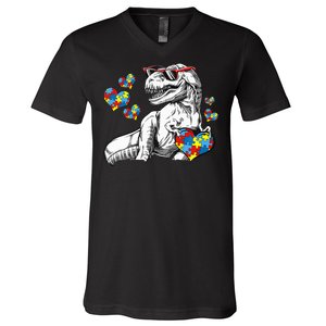 Autism Awareness TRex Dinosaur Sunglasses Heart Puzzle V-Neck T-Shirt