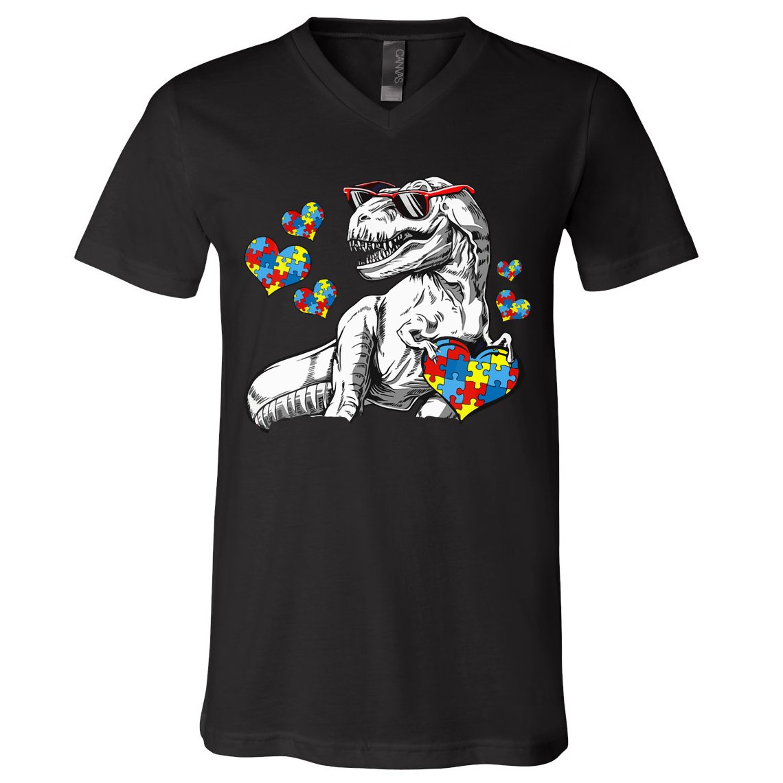 Autism Awareness TRex Dinosaur Sunglasses Heart Puzzle V-Neck T-Shirt