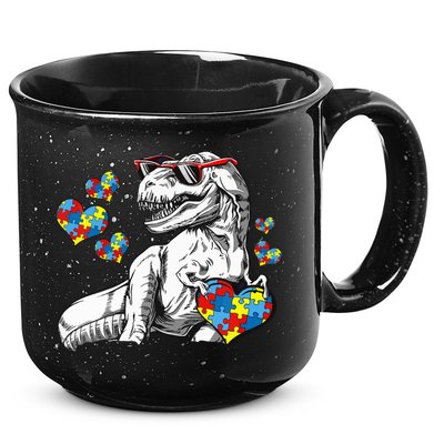 Autism Awareness TRex Dinosaur Sunglasses Heart Puzzle 15oz Campfire Ceramic Mug