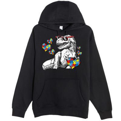 Autism Awareness TRex Dinosaur Sunglasses Heart Puzzle Premium Pullover Hoodie