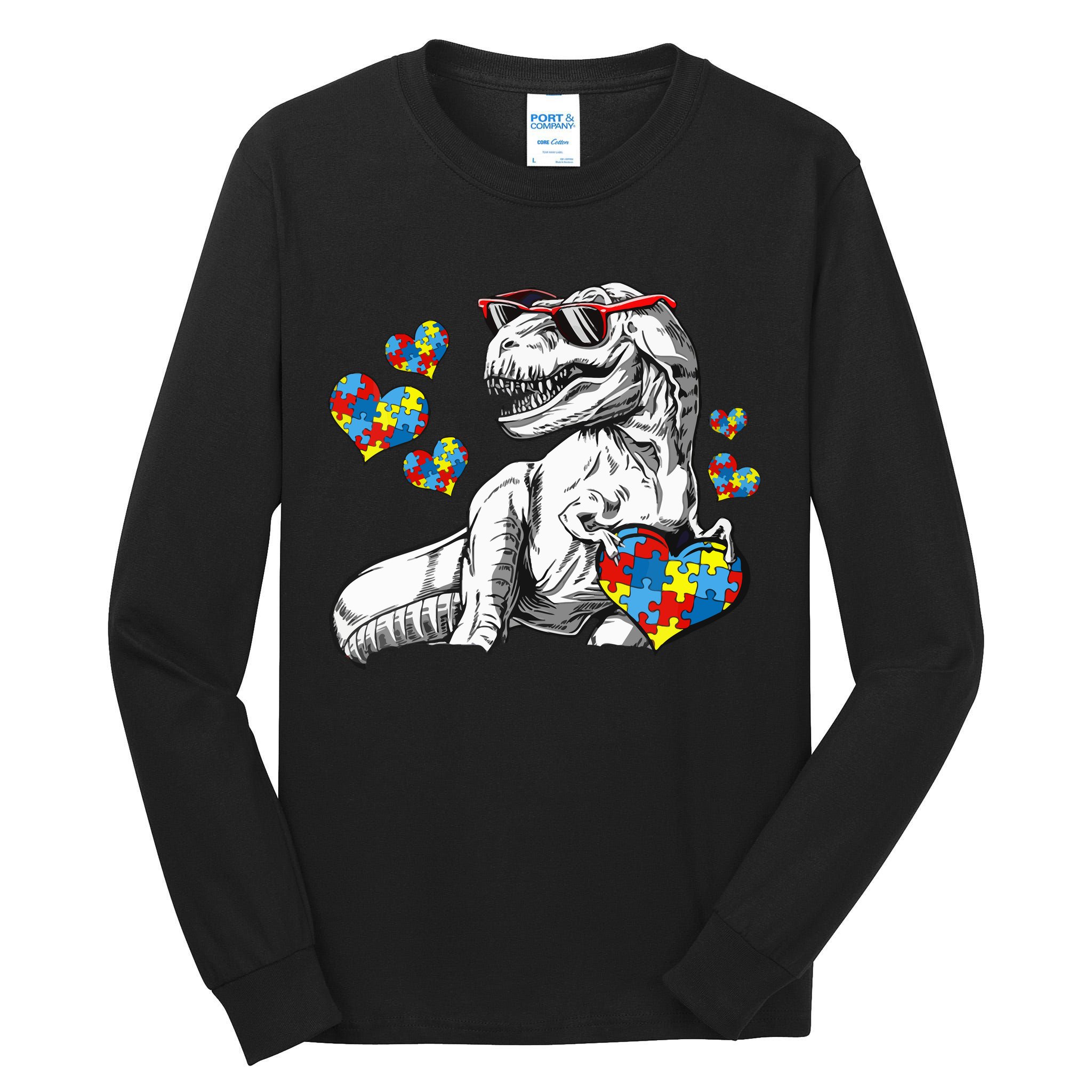 Autism Awareness TRex Dinosaur Sunglasses Heart Puzzle Tall Long Sleeve T-Shirt
