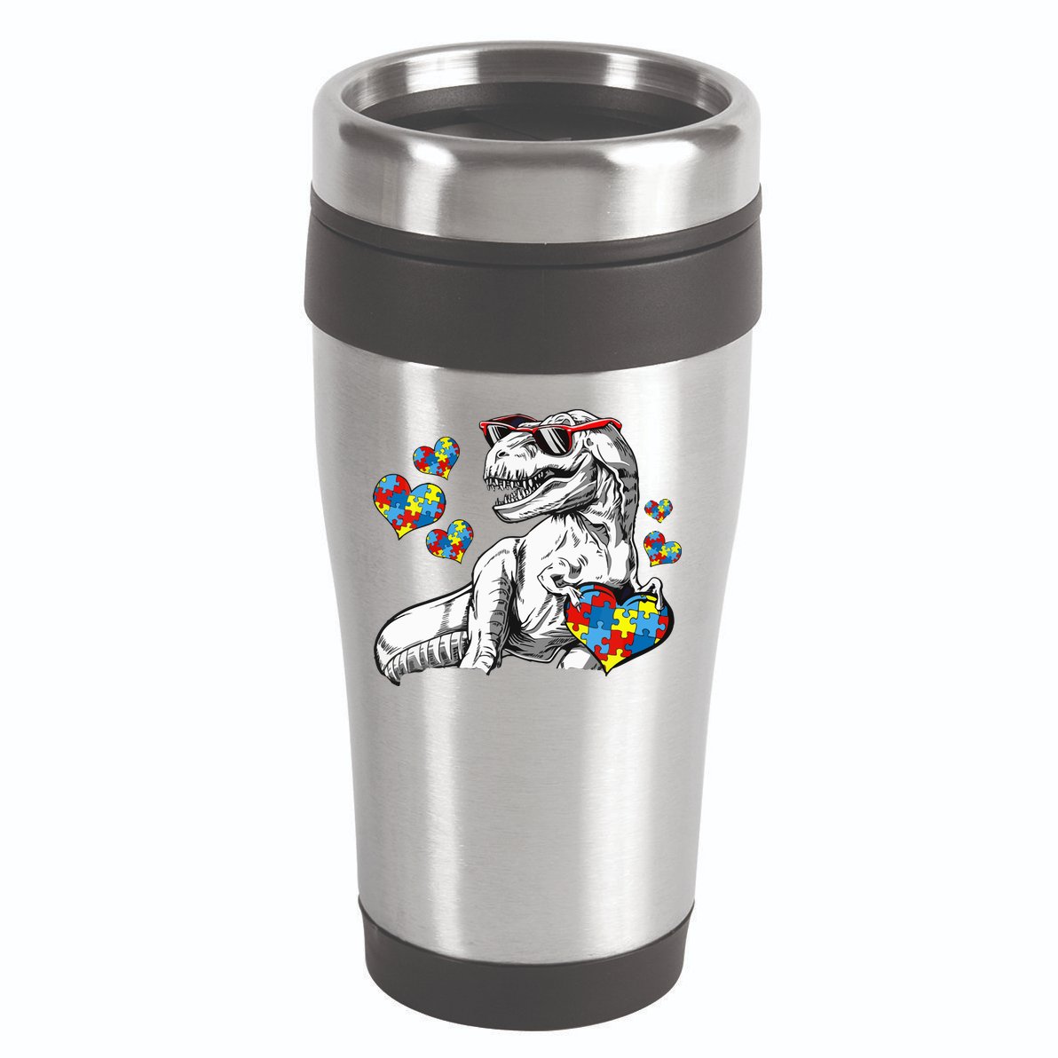 Autism Awareness TRex Dinosaur Sunglasses Heart Puzzle 16oz Travel Tumbler
