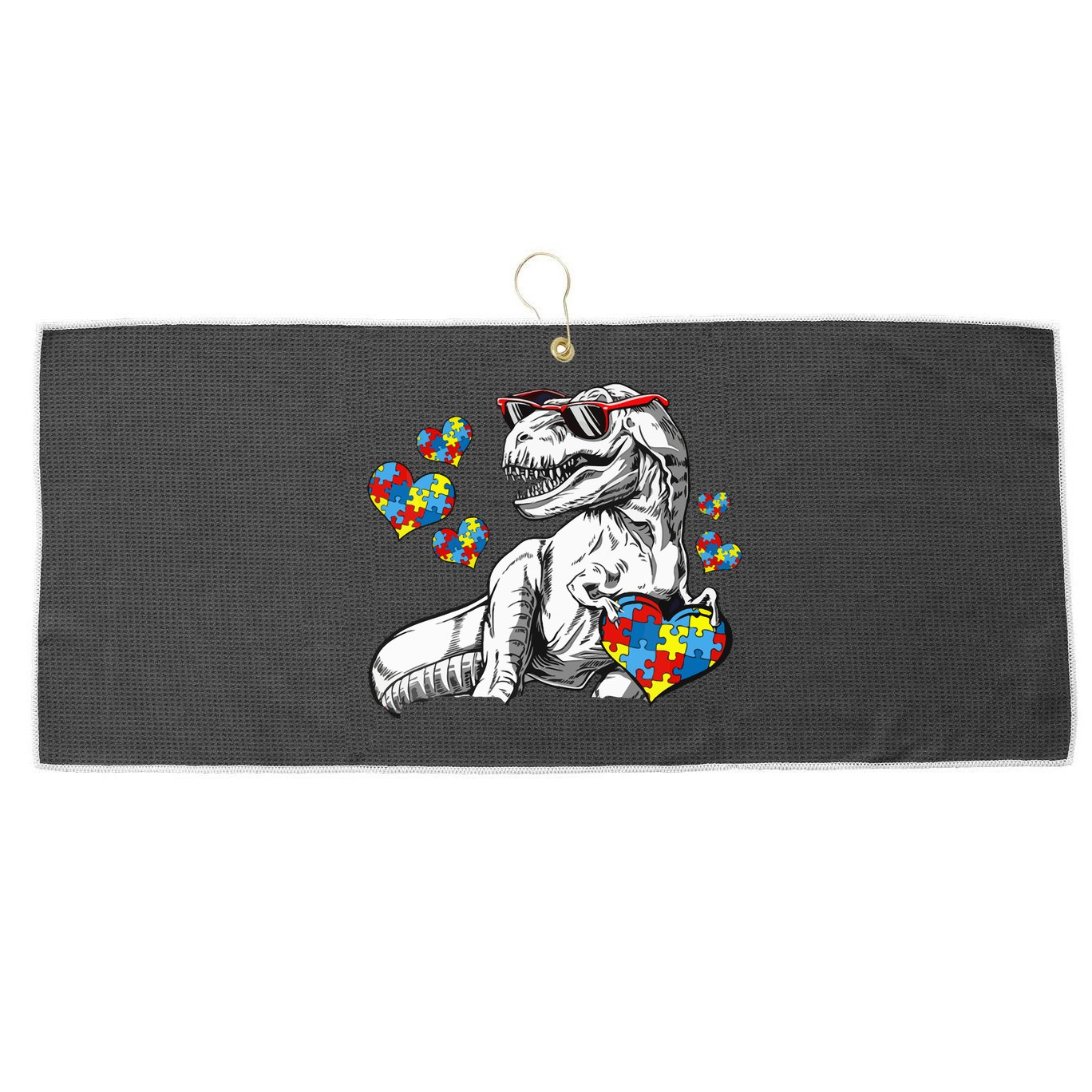 Autism Awareness TRex Dinosaur Sunglasses Heart Puzzle Large Microfiber Waffle Golf Towel