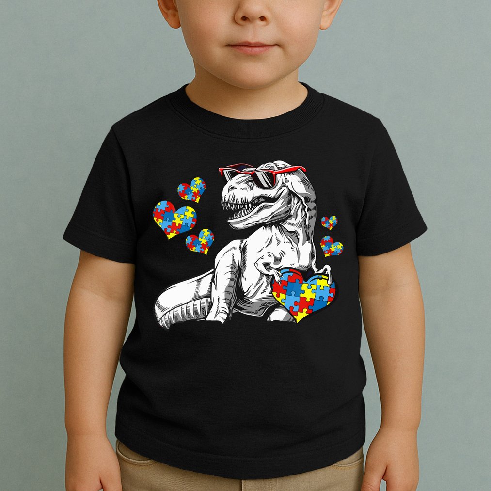 Autism Awareness TRex Dinosaur Sunglasses Heart Puzzle Toddler T-Shirt