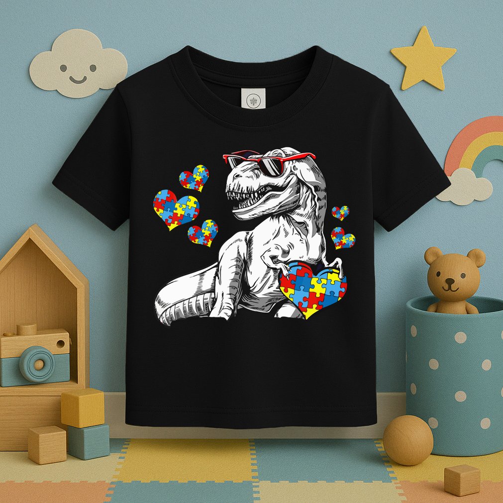 Autism Awareness TRex Dinosaur Sunglasses Heart Puzzle Toddler T-Shirt