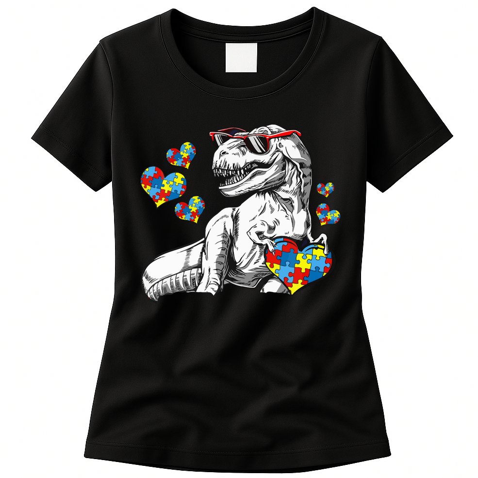 Autism Awareness TRex Dinosaur Sunglasses Heart Puzzle Womens T-Shirt