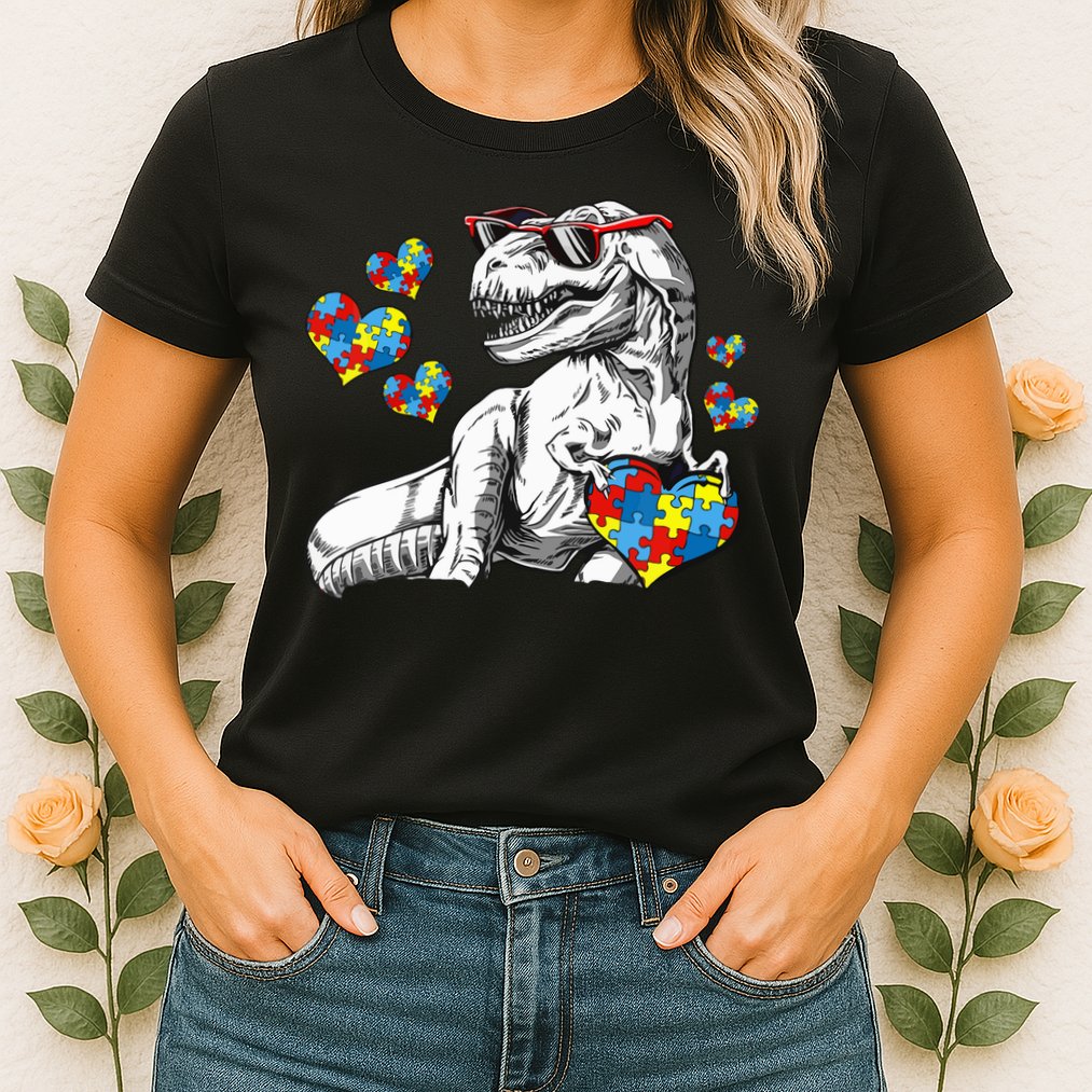 Autism Awareness TRex Dinosaur Sunglasses Heart Puzzle Womens T-Shirt