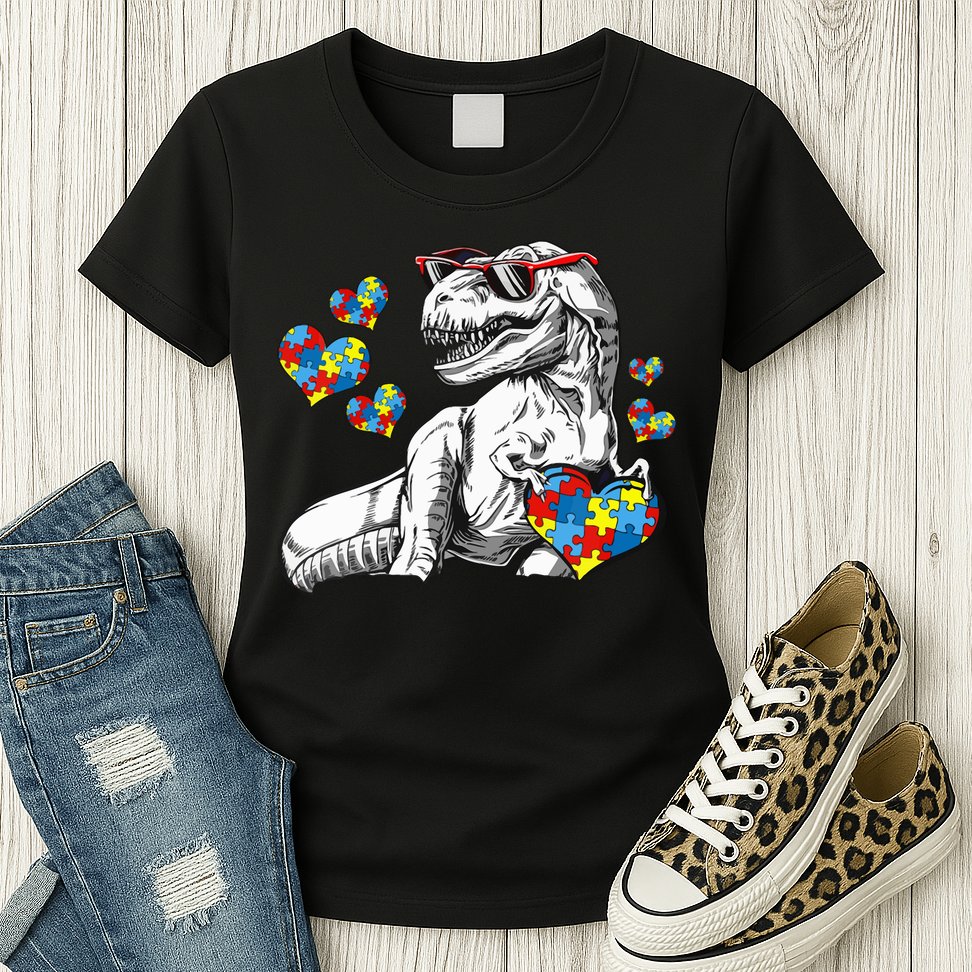 Autism Awareness TRex Dinosaur Sunglasses Heart Puzzle Womens T-Shirt