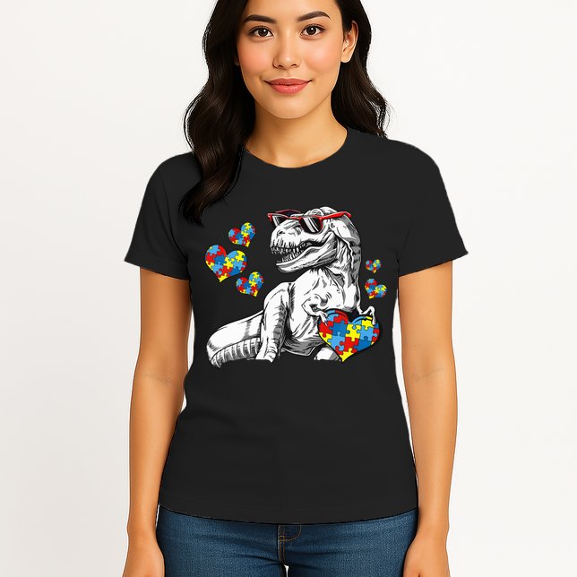 Autism Awareness TRex Dinosaur Sunglasses Heart Puzzle Womens T-Shirt
