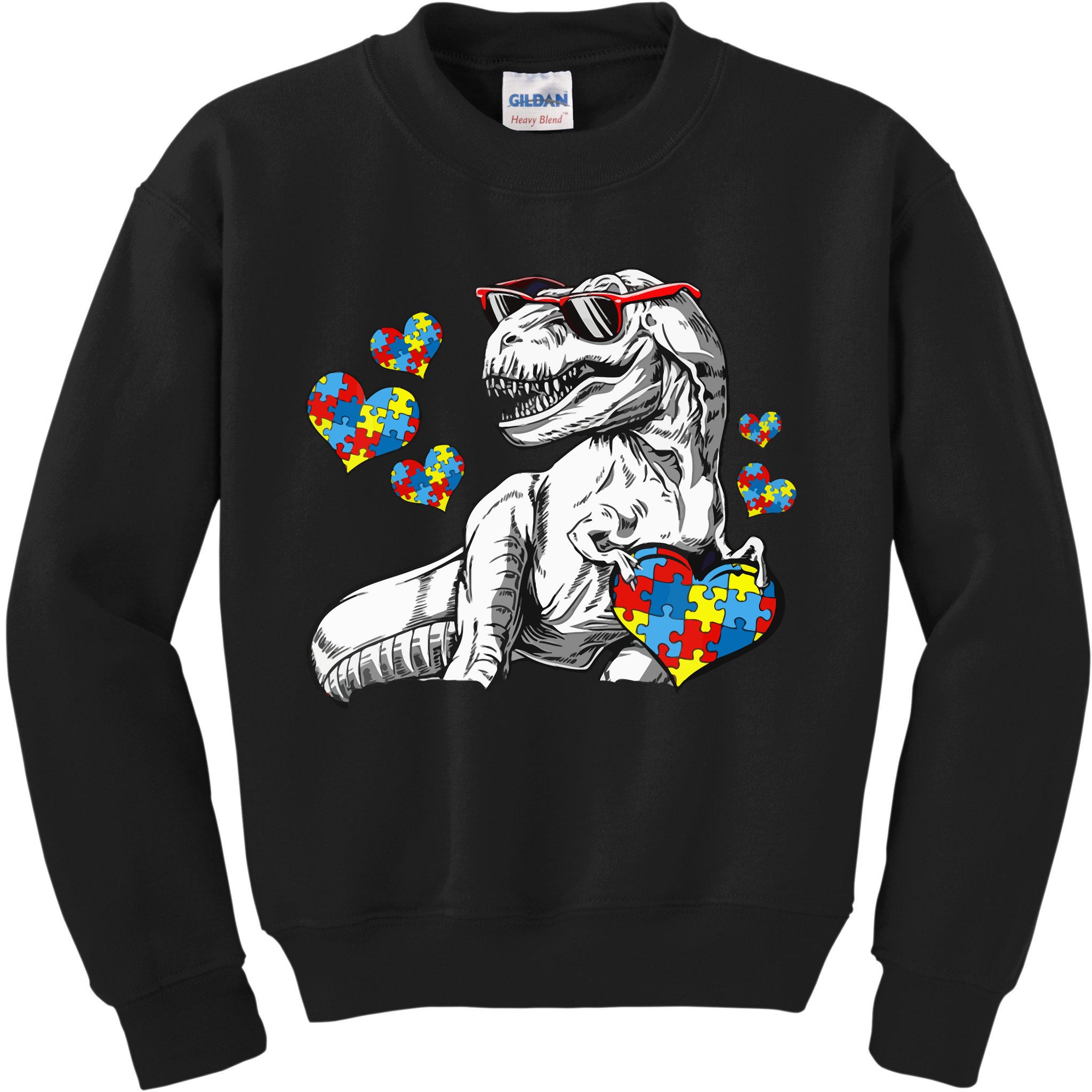 Autism Awareness TRex Dinosaur Sunglasses Heart Puzzle Kids Sweatshirt