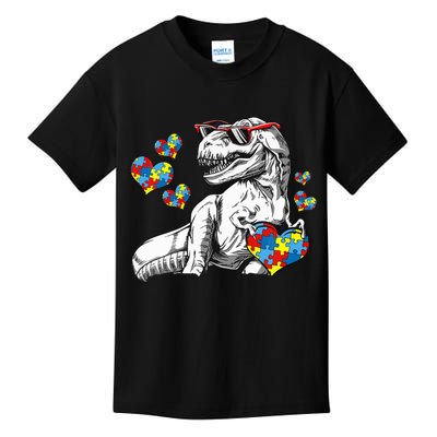 Autism Awareness TRex Dinosaur Sunglasses Heart Puzzle Kids T-Shirt