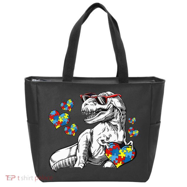 Autism Awareness TRex Dinosaur Sunglasses Heart Puzzle Zip Tote Bag