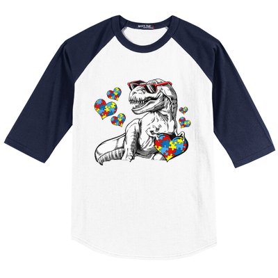 Autism Awareness TRex Dinosaur Sunglasses Heart Puzzle Baseball Sleeve Shirt