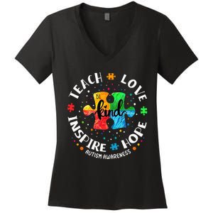 Autism Awareness Teacher Teach Hope Love Inspire Women's V-Neck T-Shirt