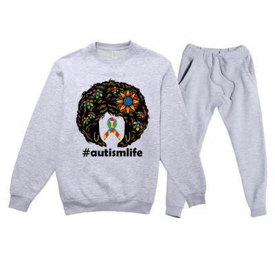 African American Teacher Afro Hair Style Autism Awareness Gift Premium Crewneck Sweatsuit Set