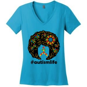 African American Teacher Afro Hair Style Autism Awareness Gift Women's V-Neck T-Shirt