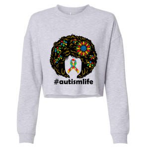 African American Teacher Afro Hair Style Autism Awareness Gift Cropped Pullover Crew