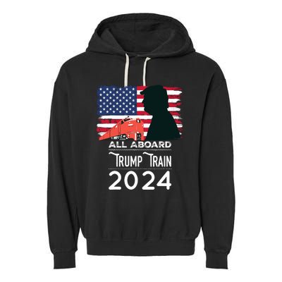 All Aboard Trump Train 2024 Vintage American Flag Garment-Dyed Fleece Hoodie