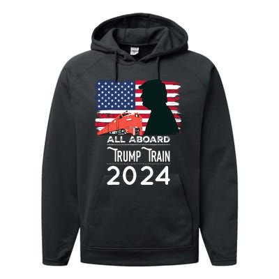 All Aboard Trump Train 2024 Vintage American Flag Performance Fleece Hoodie