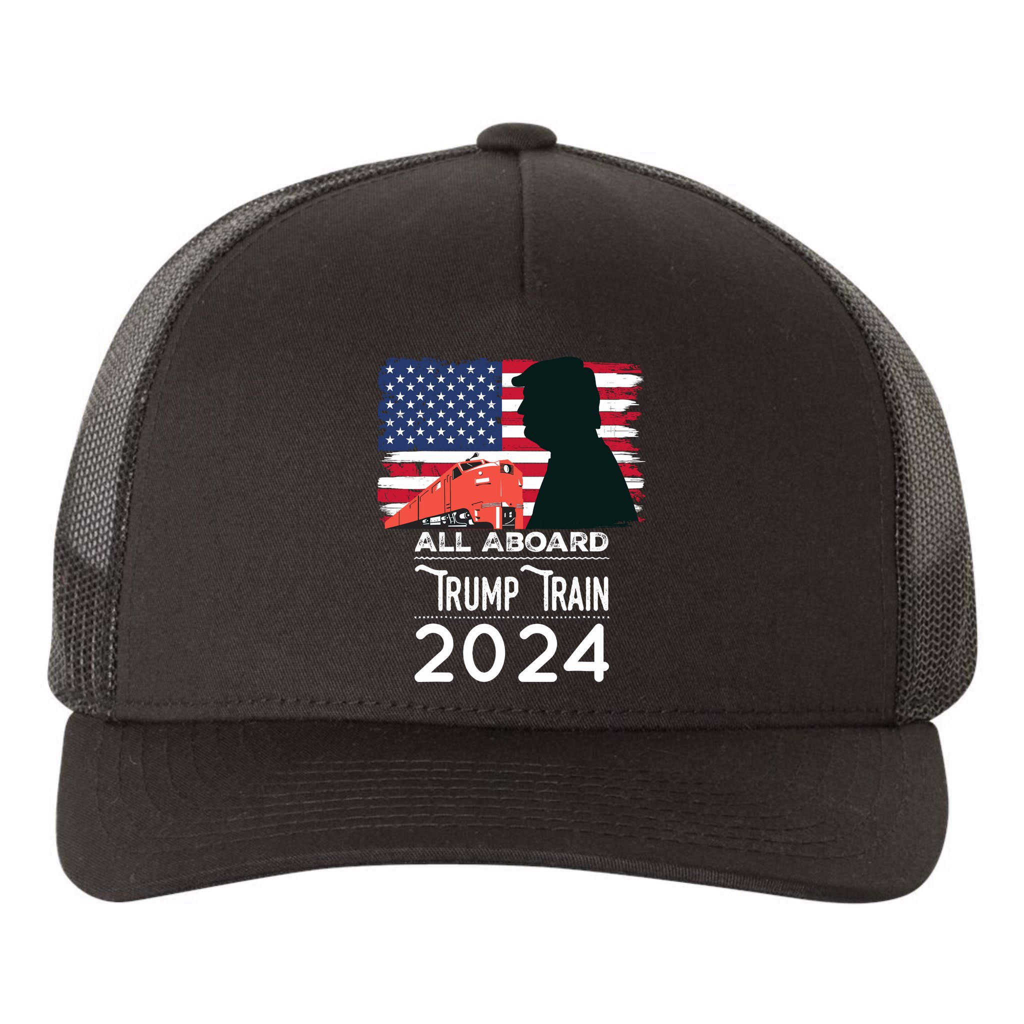 All Aboard Trump Train 2024 Vintage American Flag Yupoong Adult 5-Panel Trucker Hat
